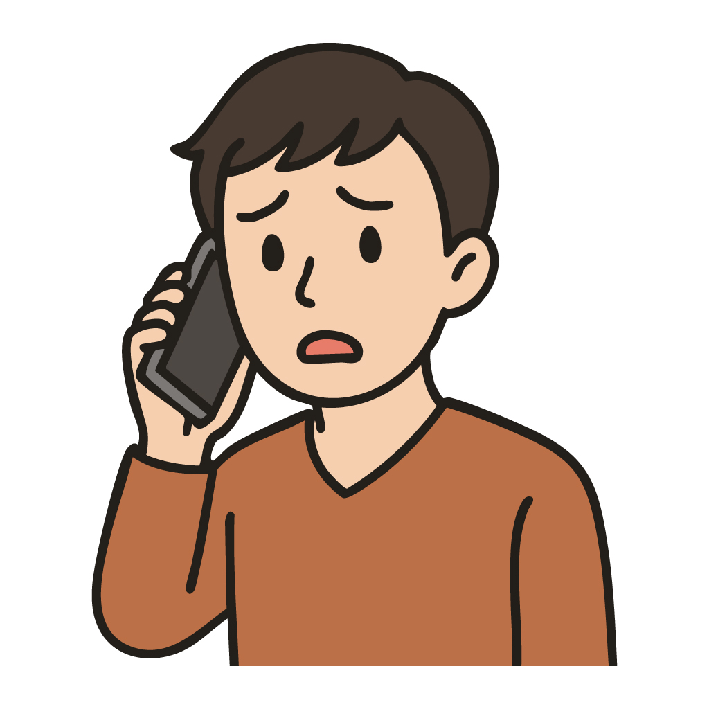 不安な表情でスマートフォンで通話する人のイラスト【無料フリー素材】人物素材（PNG・商用利用可）
